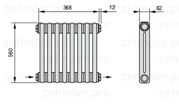 Схема (чертеж) Радиатор Zehnder Charleston 2056/8 №2670 Белый глянцевый RAL 9016